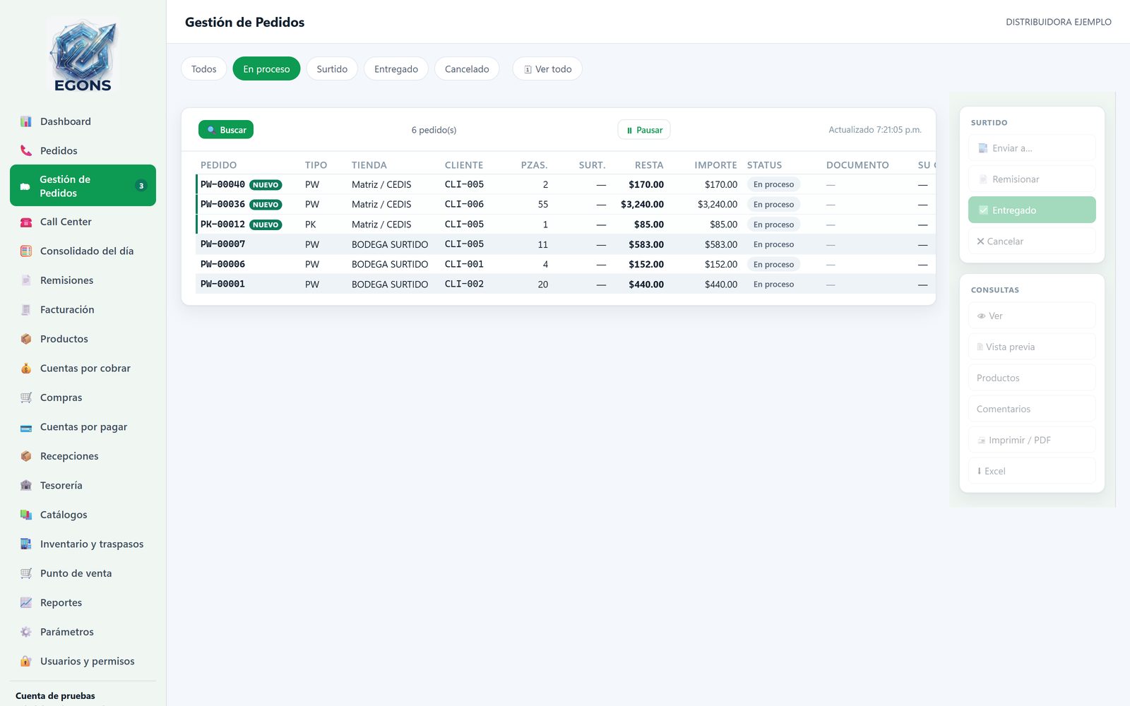 Pantalla de Gestion de Pedidos de EGONS con los pedidos en proceso
