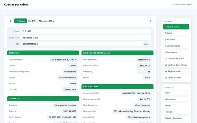 Ficha de cliente en EGONS con datos fiscales y su lista de precios