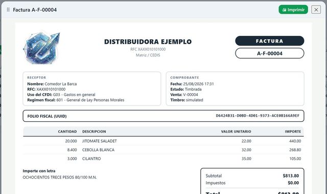 La factura como se ve en pantalla, con su folio fiscal