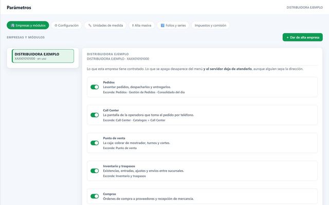 Parametros de EGONS: las partes del sistema que se prenden para cada empresa