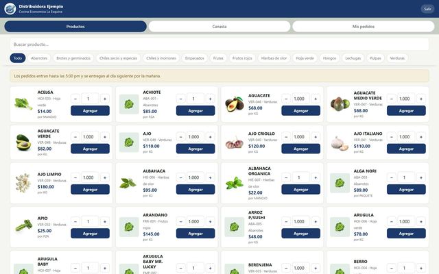 Portal del cliente de EGONS con el catalogo y sus precios