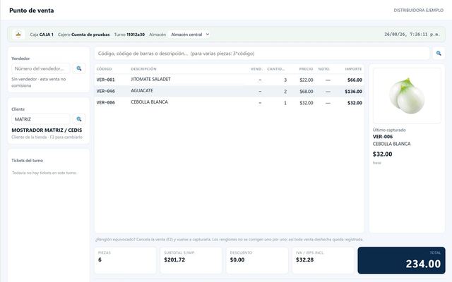 Punto de venta de EGONS: un ticket en curso con sus renglones, el IVA y el total