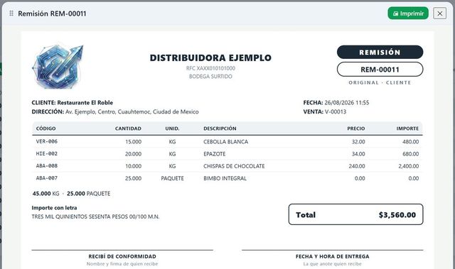 La remision como se ve en pantalla, lista para imprimir