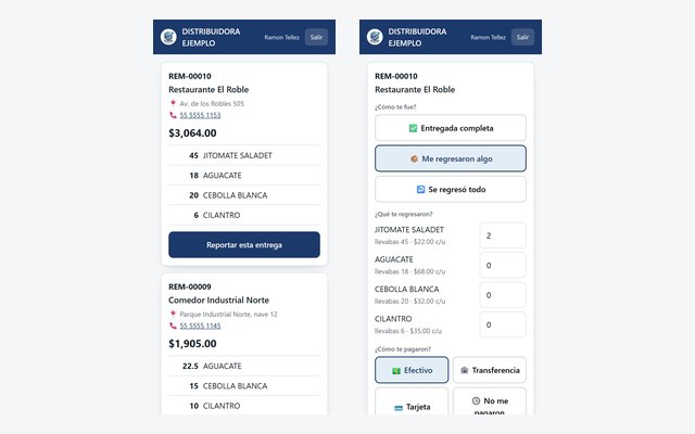 Portal del repartidor de EGONS en un telefono: sus entregas del dia y la pantalla para reportar como le fue