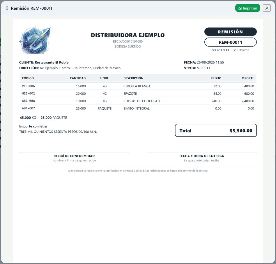 Remision de EGONS en pantalla: cliente, direccion, renglones, total con letra y firma de recibido