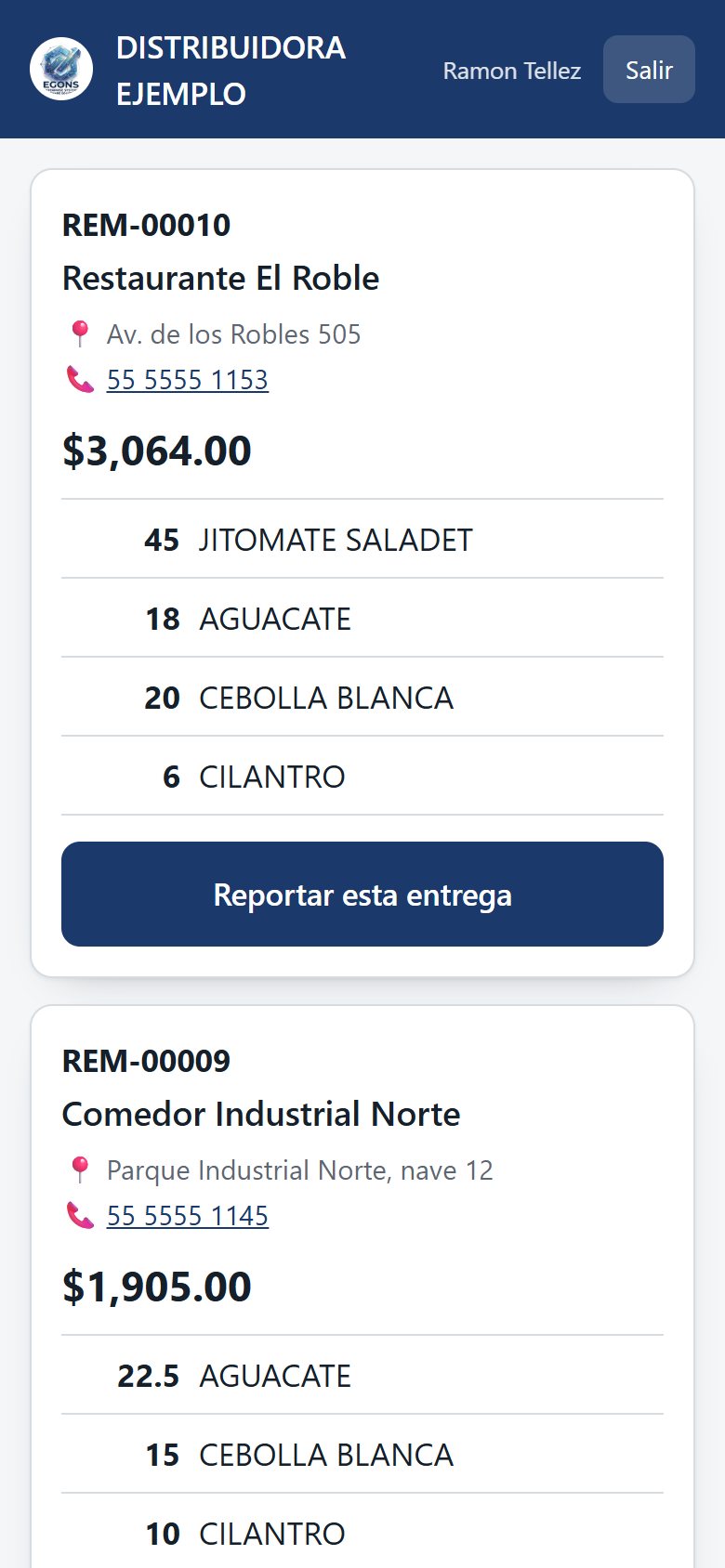 Portal del repartidor de EGONS: la lista de sus entregas con cliente, domicilio, telefono e importe