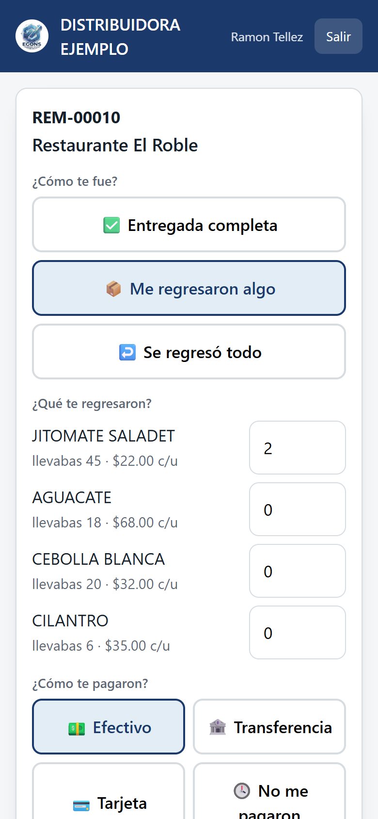 Portal del repartidor de EGONS: reportar como le fue, que le regresaron y con que le pagaron